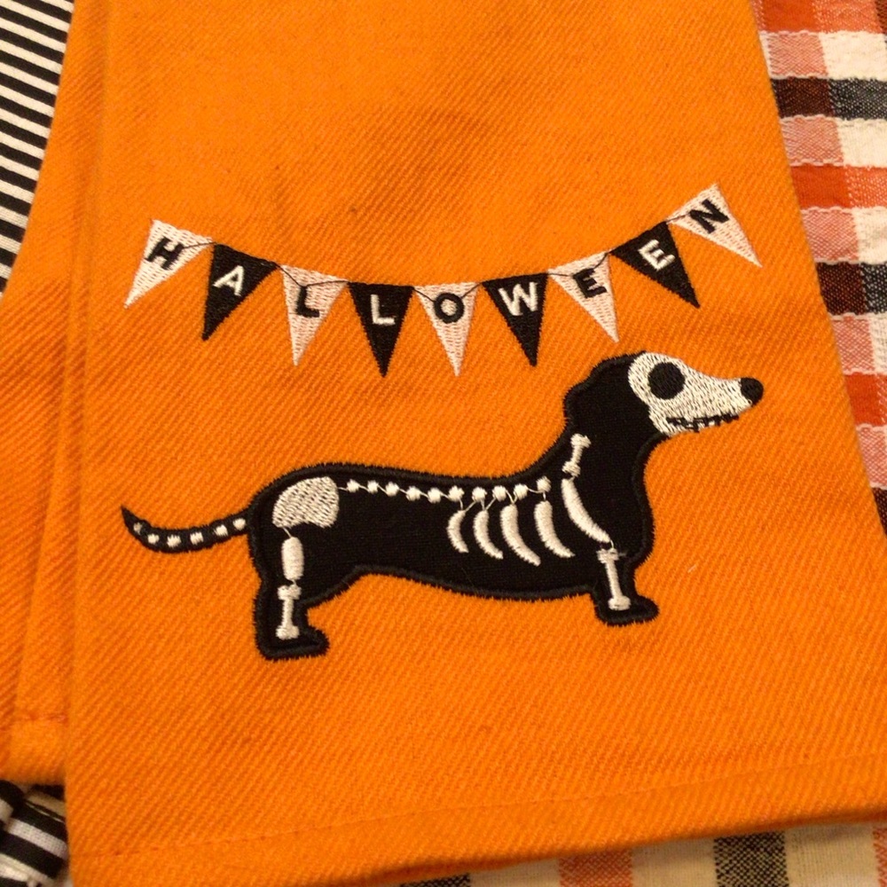 Dachshund Skelton Halloween dish towel set NWT